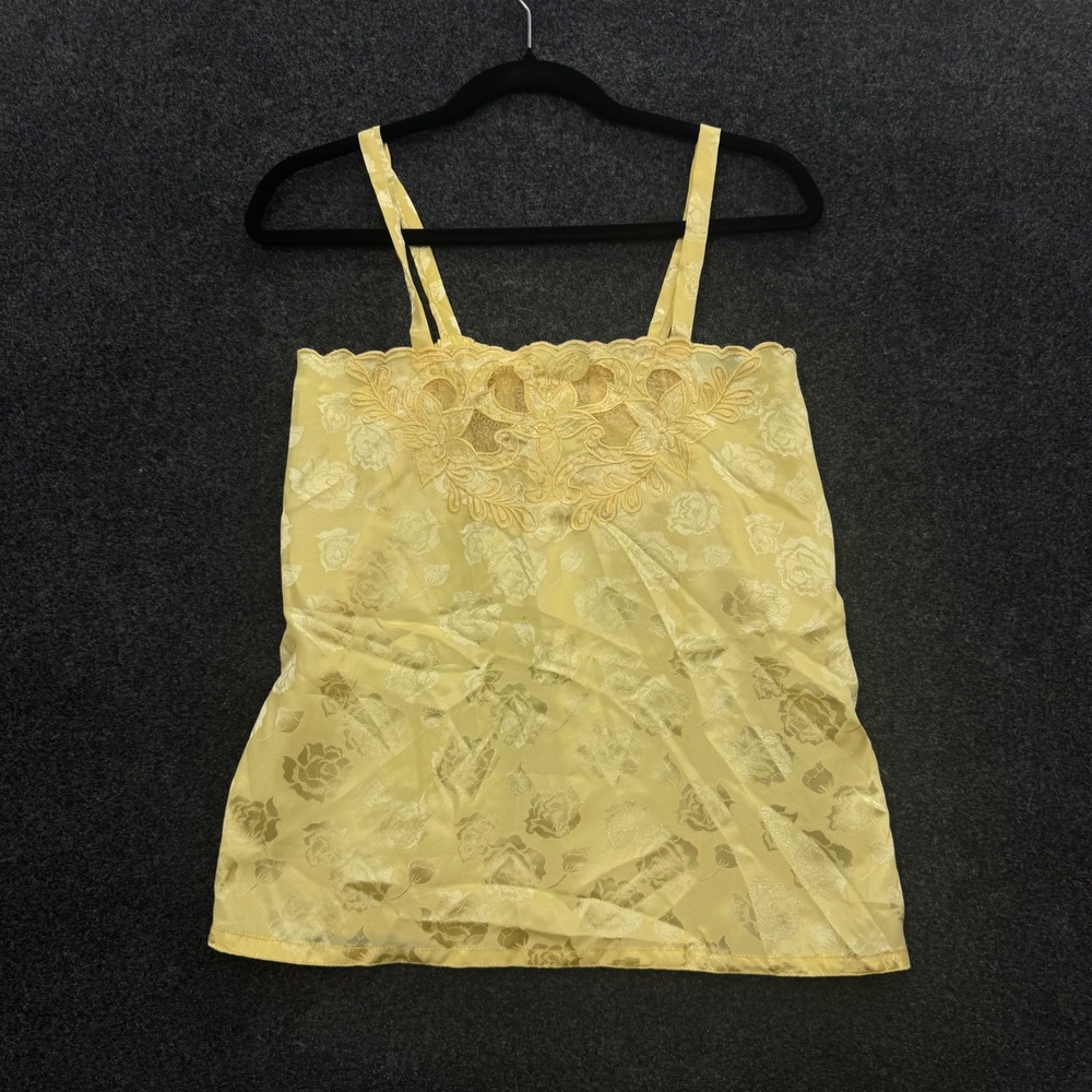 Vintage 80s Yellow Floral Satin Jacquard Camisole Lace Trim Cami Top Medium